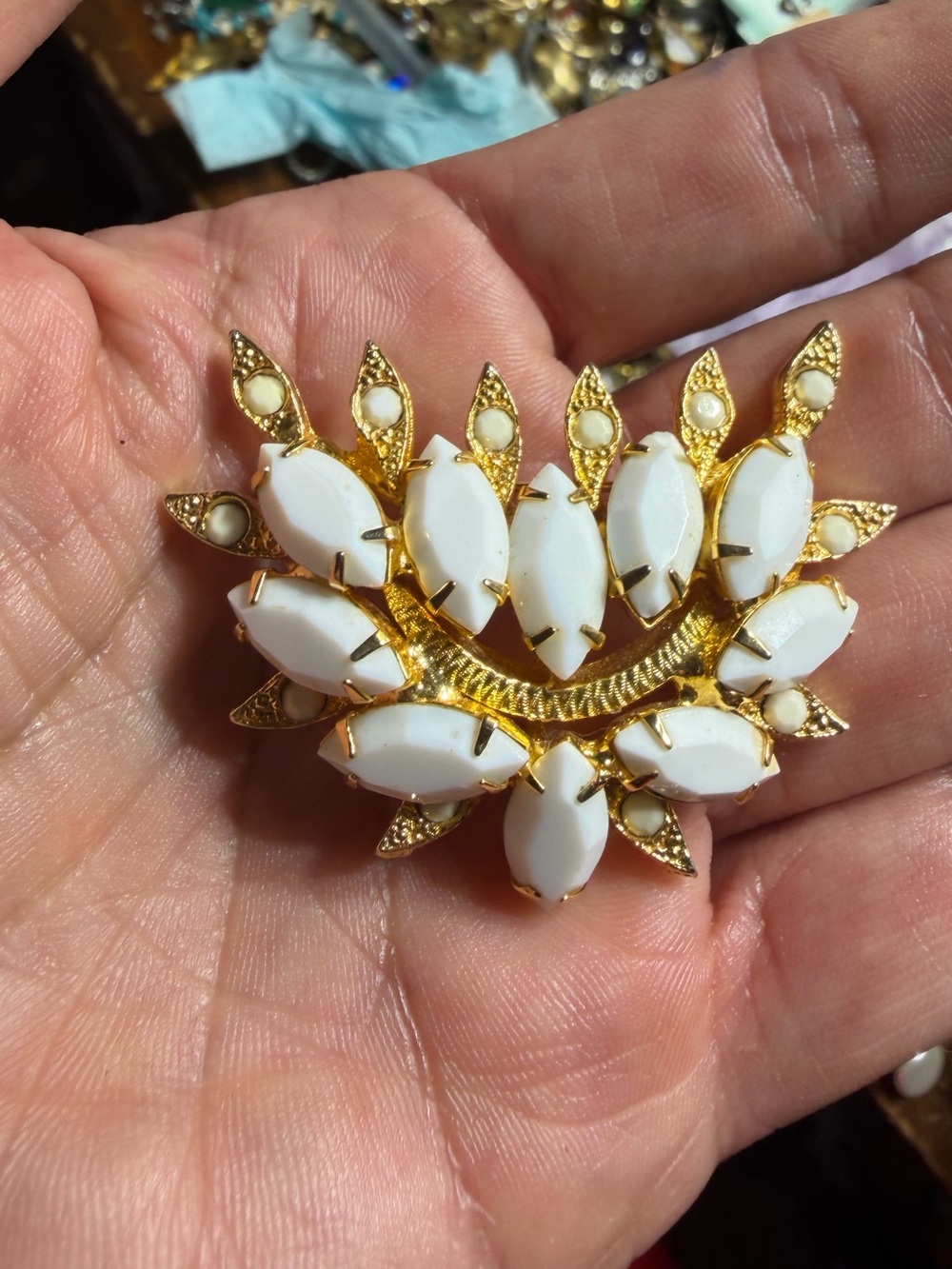 Vintage Gold Tone Milk Glass Brooch